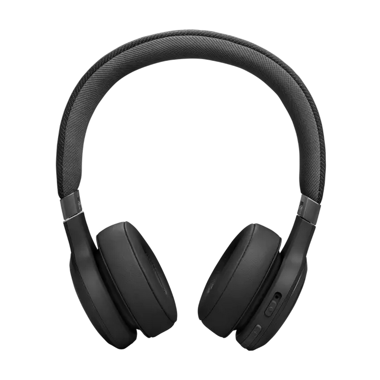 Zwarte koptelefoon op een witte achtergrond, bovenaanzicht.