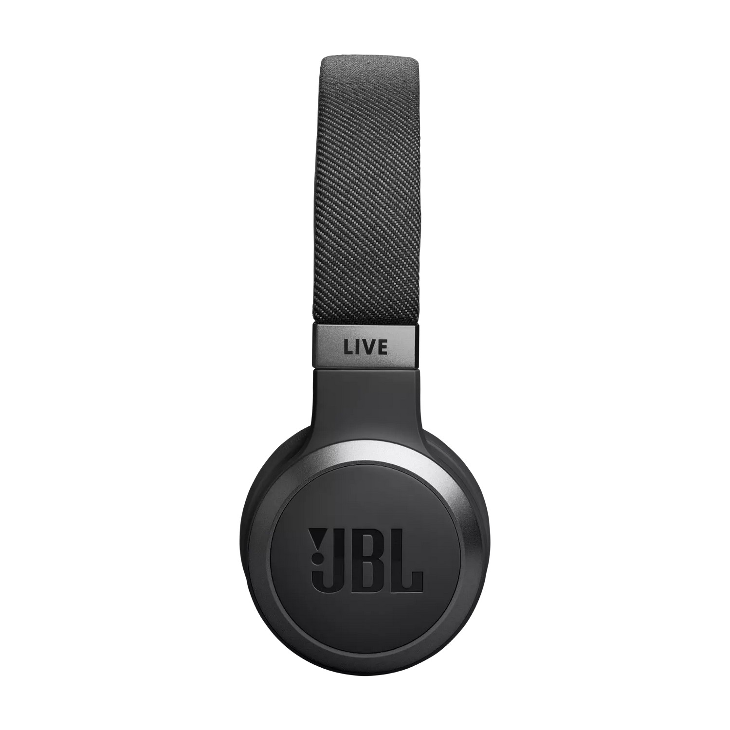 Zwarte JBL-hoofdtelefoon met een stoffen hoofdband en het JBL-logo op de oorschelpen.