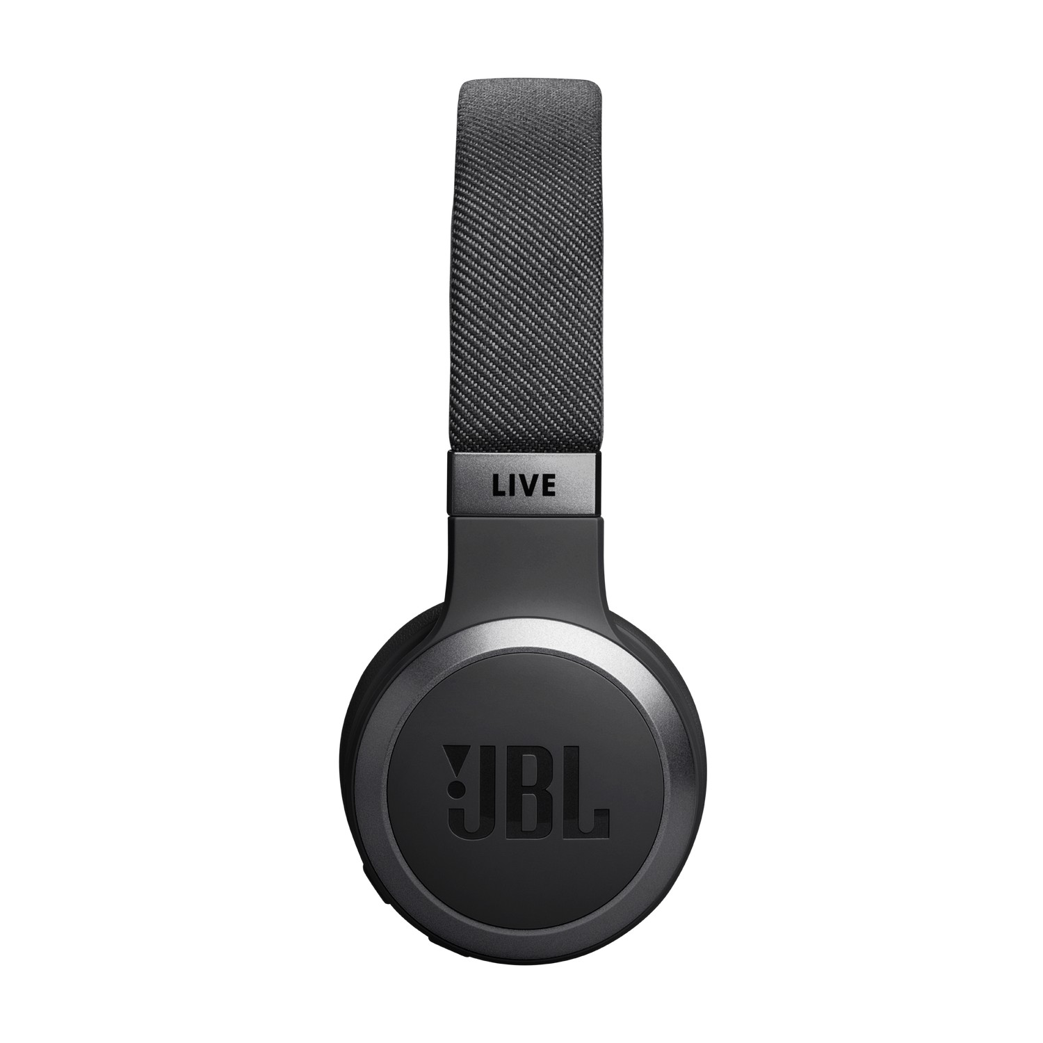 Zwarte koptelefoon met het woord LIVE op de hoofdband. Het JBL-logo staat op de oorschelpen.