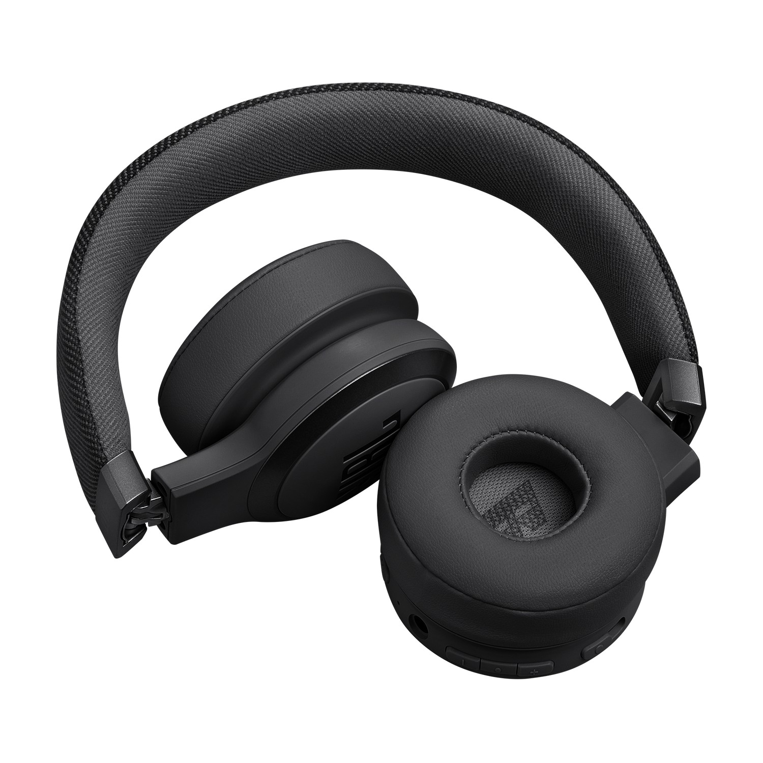Zwarte JBL-koptelefoon op witte achtergrond. JBL-logo zichtbaar.