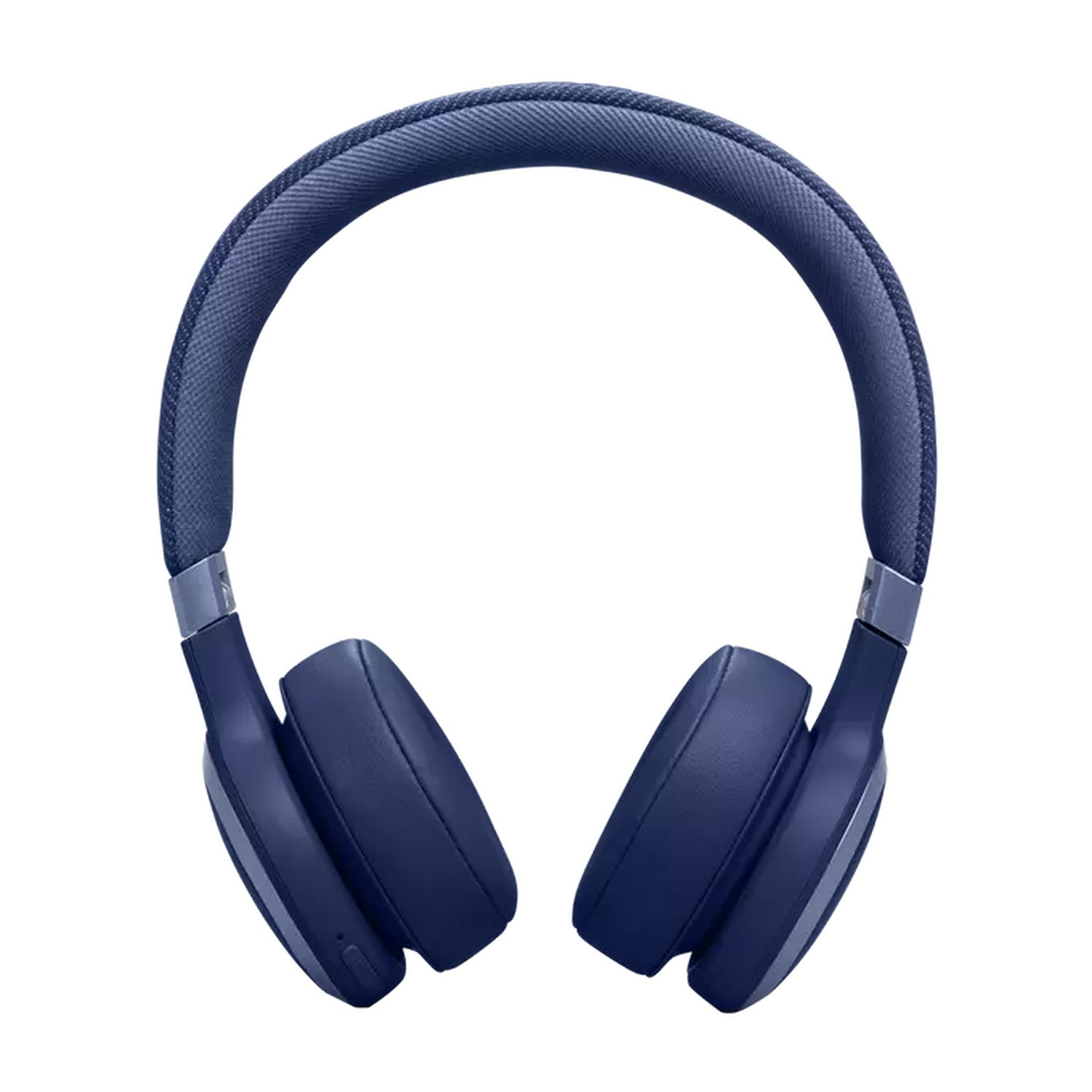 Blue headphones, overhead shot. Black background.