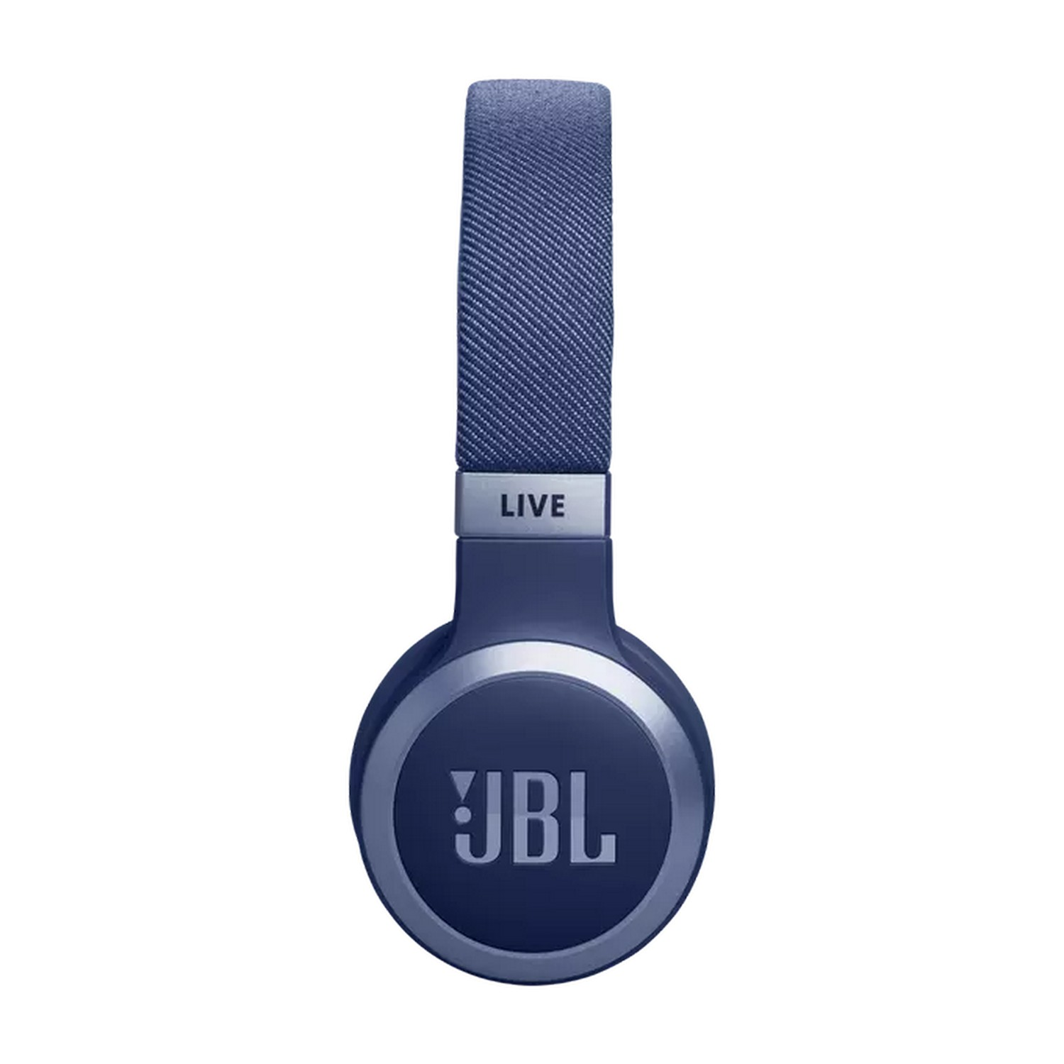 Dark blue headphones with silver accents, front view.