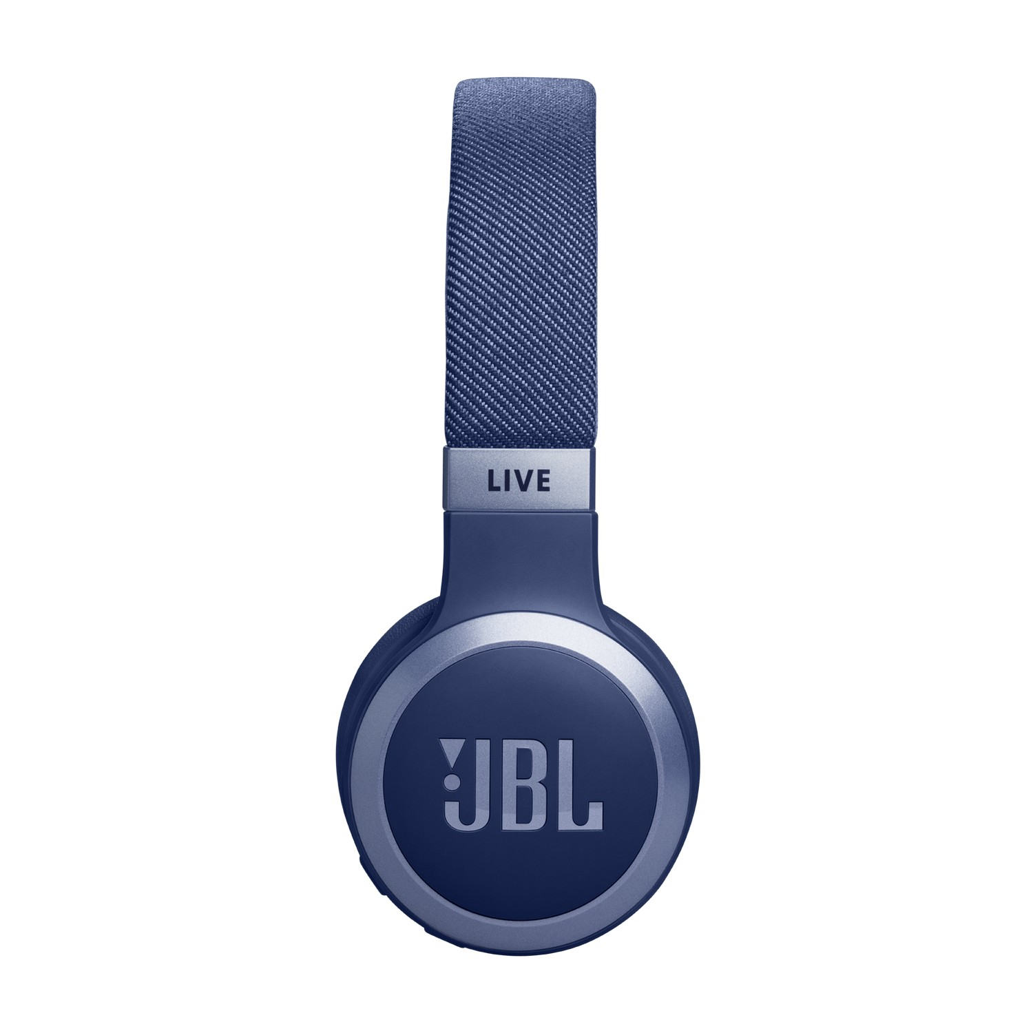 Blue JBL headphones with a blue headband and silver accents. The background is white.