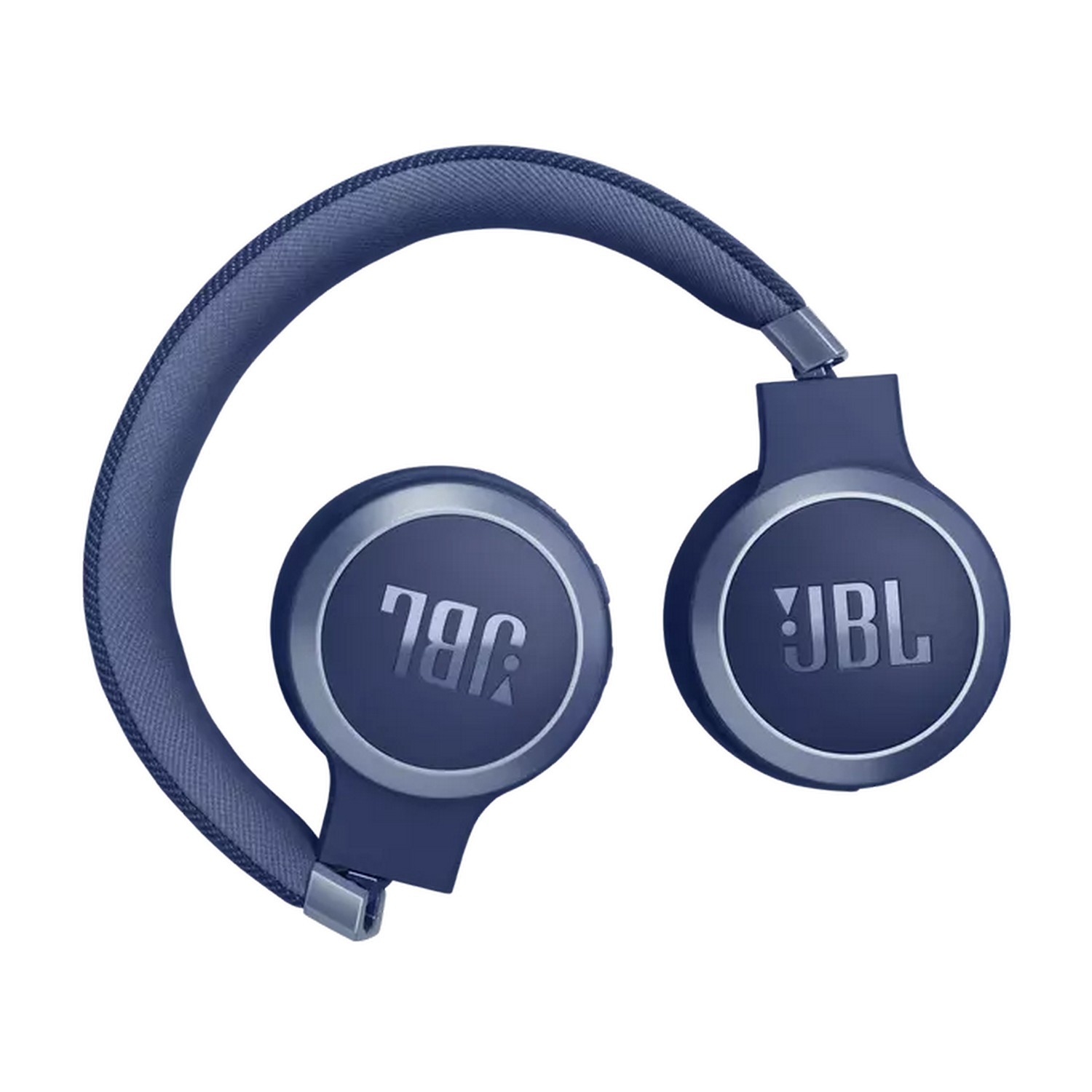 Blue JBL headphones lying open against a white background.