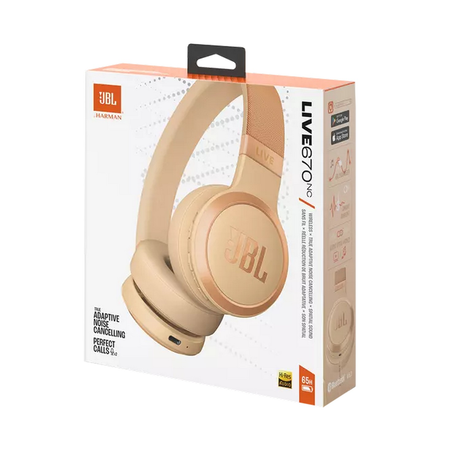 JBL Live 770NC headphones box. Beige headphones image on a white background. Text and branding are shown.