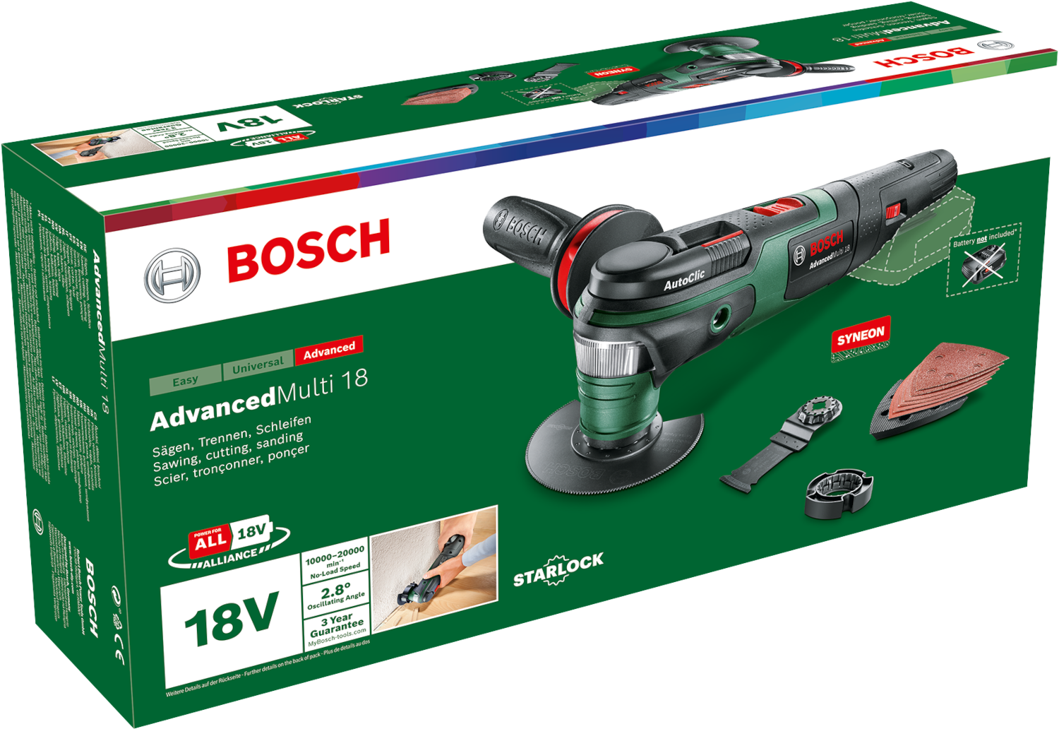 Egy Bosch multiszerszám egy dobozban. Fekete-zöld teste van, és több tartozéka.