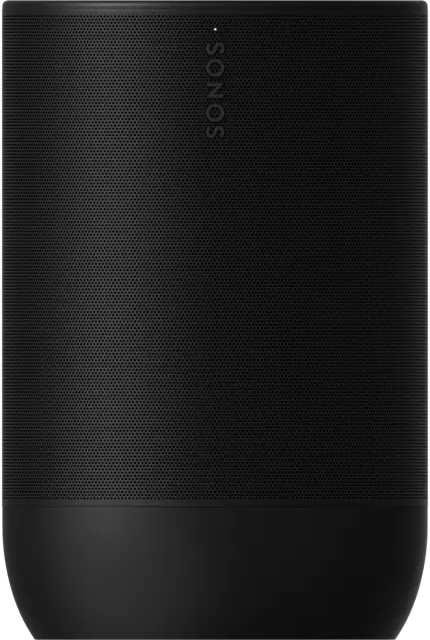 Ein schwarzer Sonos-Lautsprecher. Er ist hoch, zylindrisch und hat eine netzartige Oberfläche.