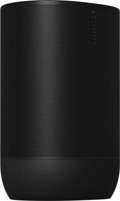 Ein schwarzer zylindrischer Lautsprecher mit perforiertem Gehäuse und schwarzem Sockel. Der Markenname ist Sonos.