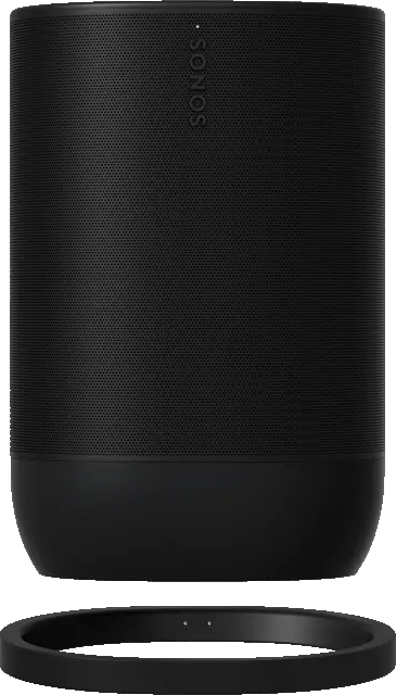 Schwarzer Sonos-Lautsprecher mit kreisförmiger Basis und Logo oben, isoliert auf Weiß.