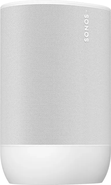Un haut-parleur Sonos blanc avec le nom de la marque sur le côté, sur fond blanc.