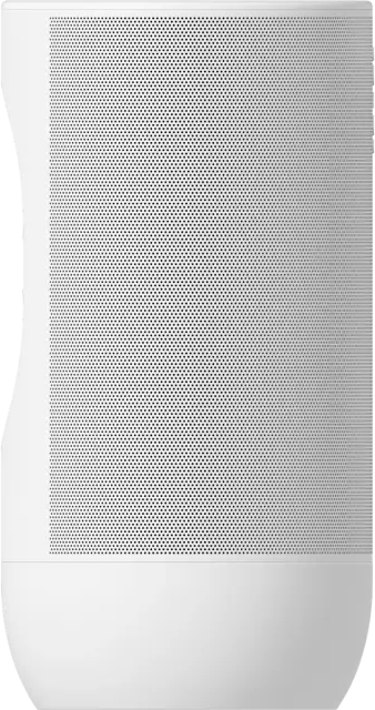 Haut-parleur blanc avec panneau avant perforé, vue latérale.