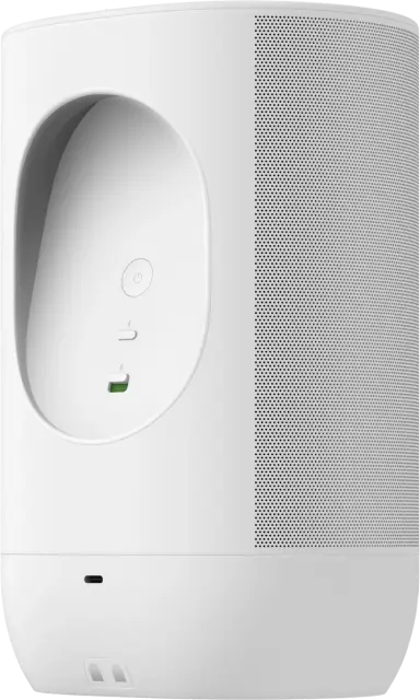 Haut-parleur cylindrique blanc avec bouton d'alimentation, voyant vert et grille.