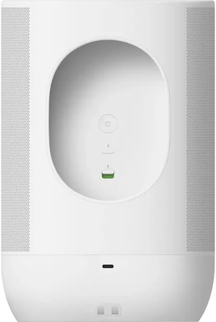 Un haut-parleur intelligent blanc et cylindrique avec une indentation circulaire. Une lumière verte est allumée sous le bouton d'alimentation.