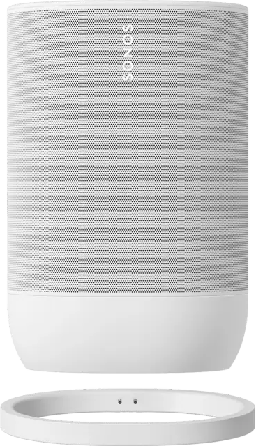 Enceinte Sonos blanche avec une base blanche, avec le logo Sonos en blanc.