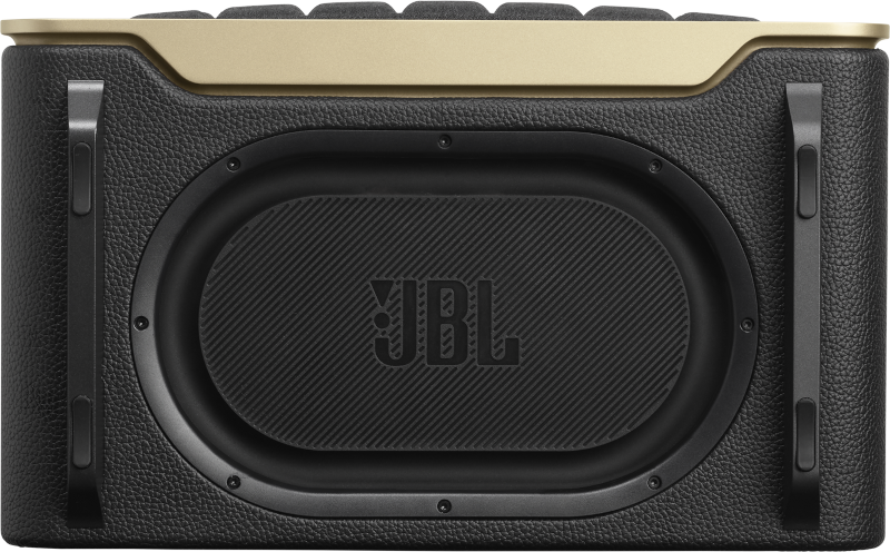 Schwarzer und goldener JBL-Lautsprecher. Er hat einen schwarzen ovalen Lautsprecher und einen Griff. Der Hintergrund ist weiß.