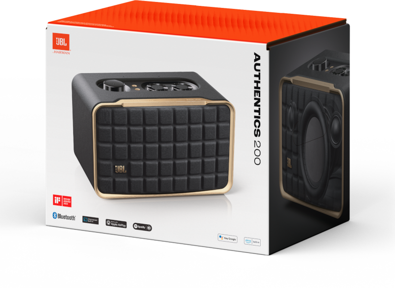 JBL Authentics 200 Lautsprecherbox mit Lautsprecher. Die Box hat ein Schwarz-Gold-Design.