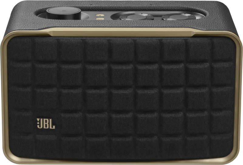 Schwarzer und goldfarbener JBL-Lautsprecher mit strukturierter Front, Bedienelementen oben und goldenen Akzenten.