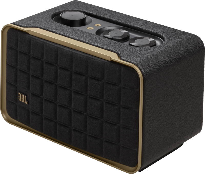 Ein schwarzer und goldener Lautsprecher mit gesteppter Front und Bedienelementen oben, JBL-Logo sichtbar.
