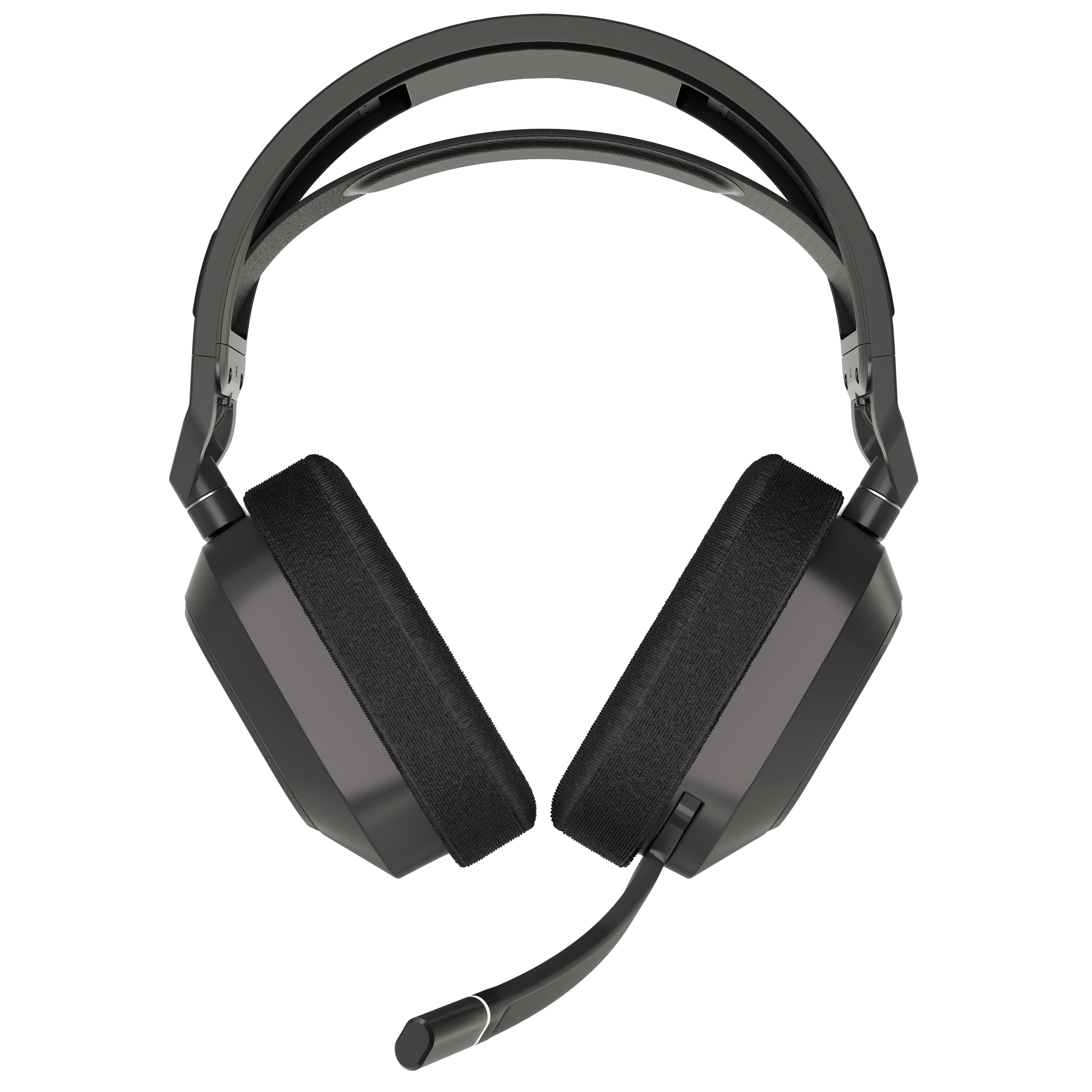 Schwarze Kopfhörer mit Mikrofon. Die Ohrmuscheln sind quadratisch und das Kopfband ist sichtbar.