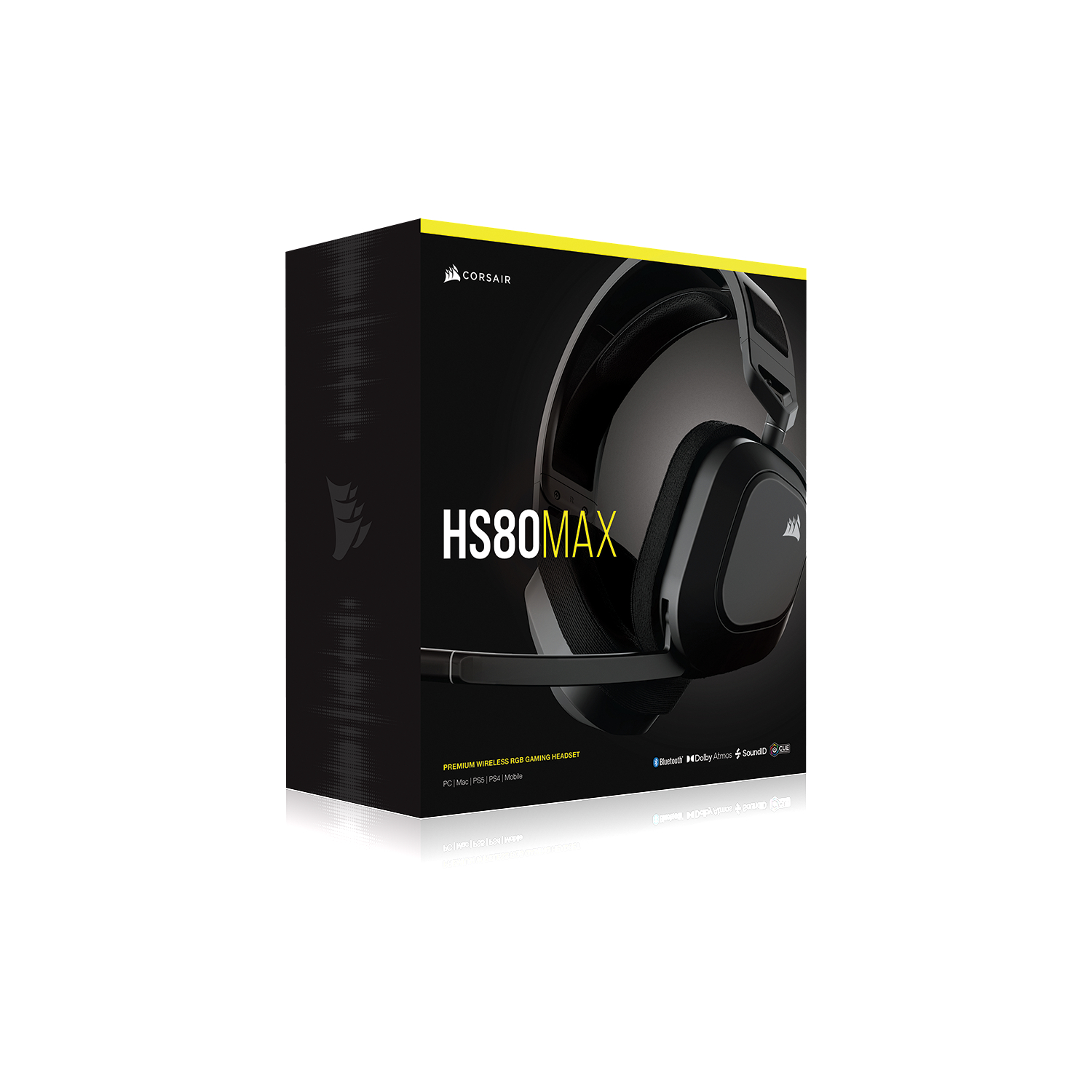 Schwarzer Corsair HS80 MAX Headset-Karton auf weißem Untergrund. Der Karton hat Text und ein Headset-Bild.