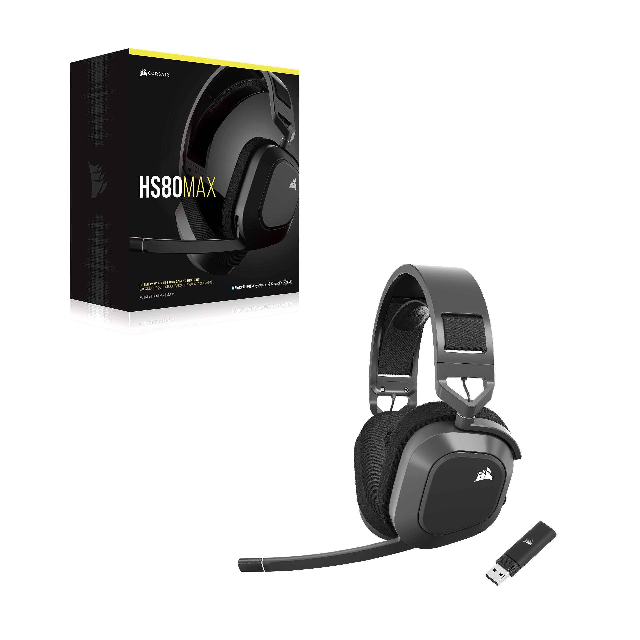 Schwarzes Corsair HS80 MAX Gaming-Headset, eine Box und ein USB-Dongle, alles auf weißem Hintergrund.
