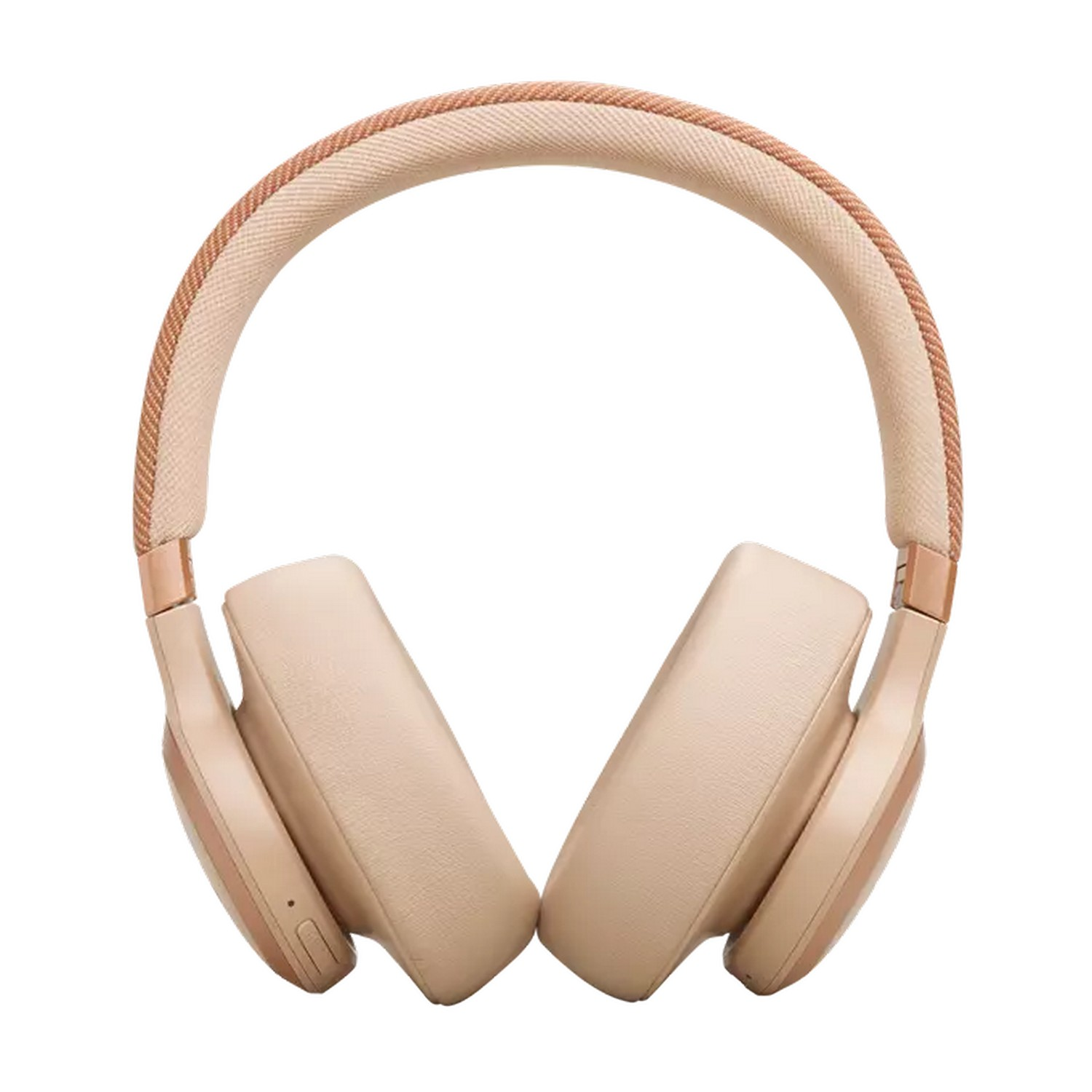 Beige headphones with a tan headband and gold accents, on a white background.