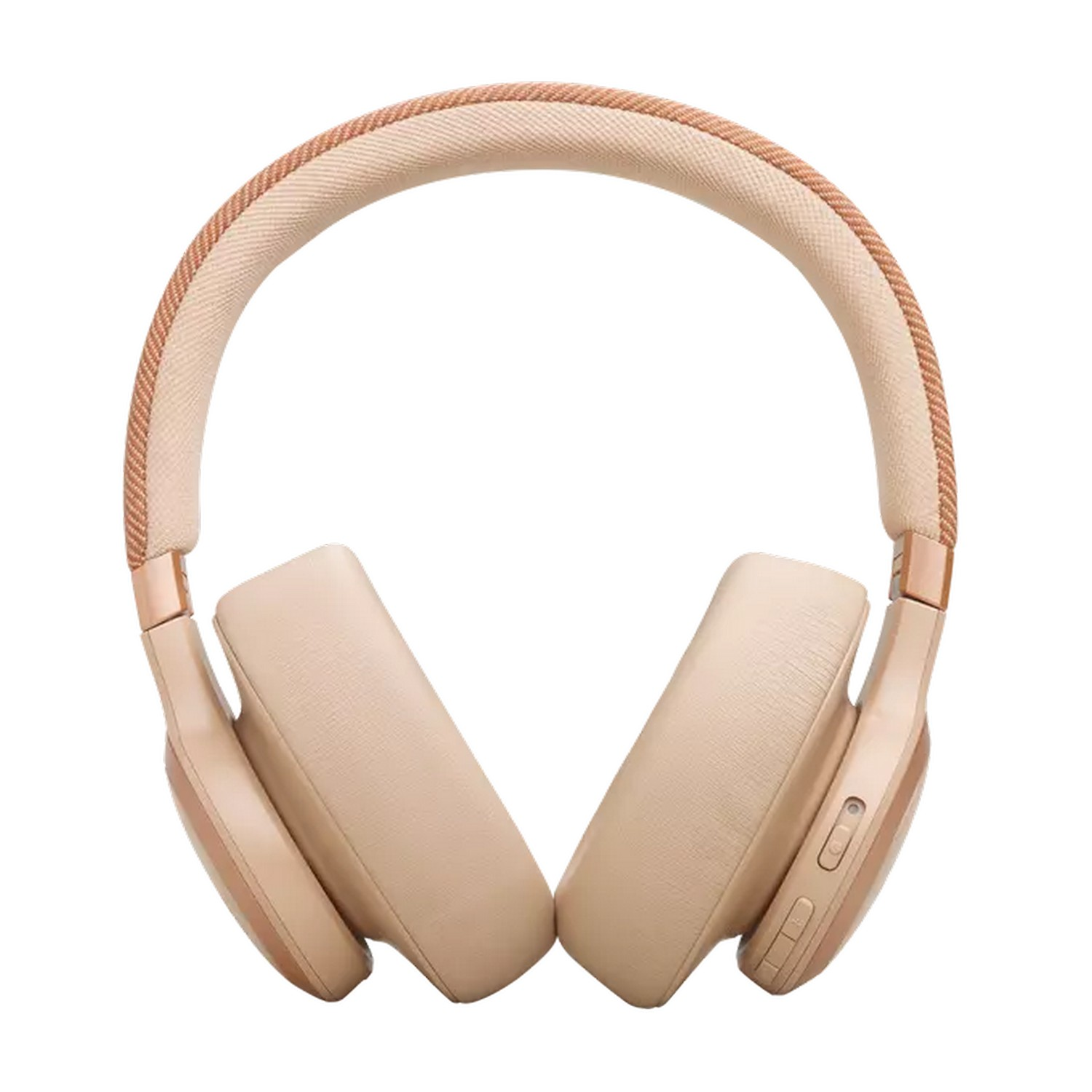 Beige headphones with a fabric headband and earcups, angled towards the center on a white background.