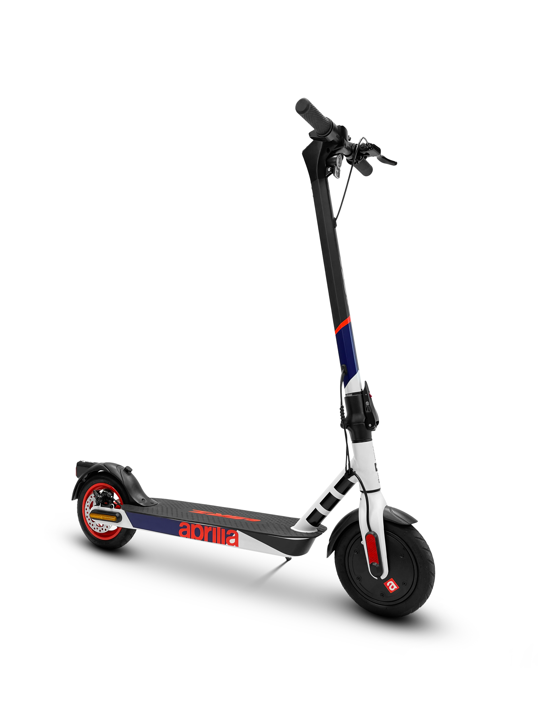 Elektroroller mit weißen, schwarzen, blauen und roten Akzenten. Das 'aprilia'-Logo ist auf dem Deck sichtbar.