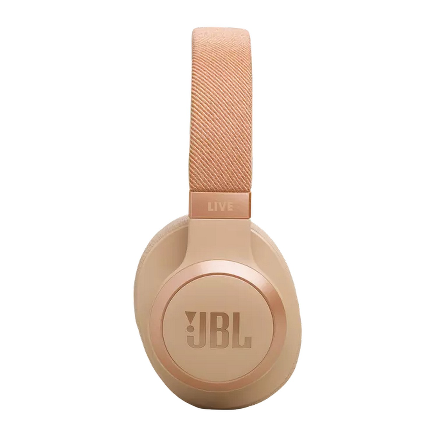 Rose-colored headphones with the JBL logo. The band is beige and the earcups are rose-gold.