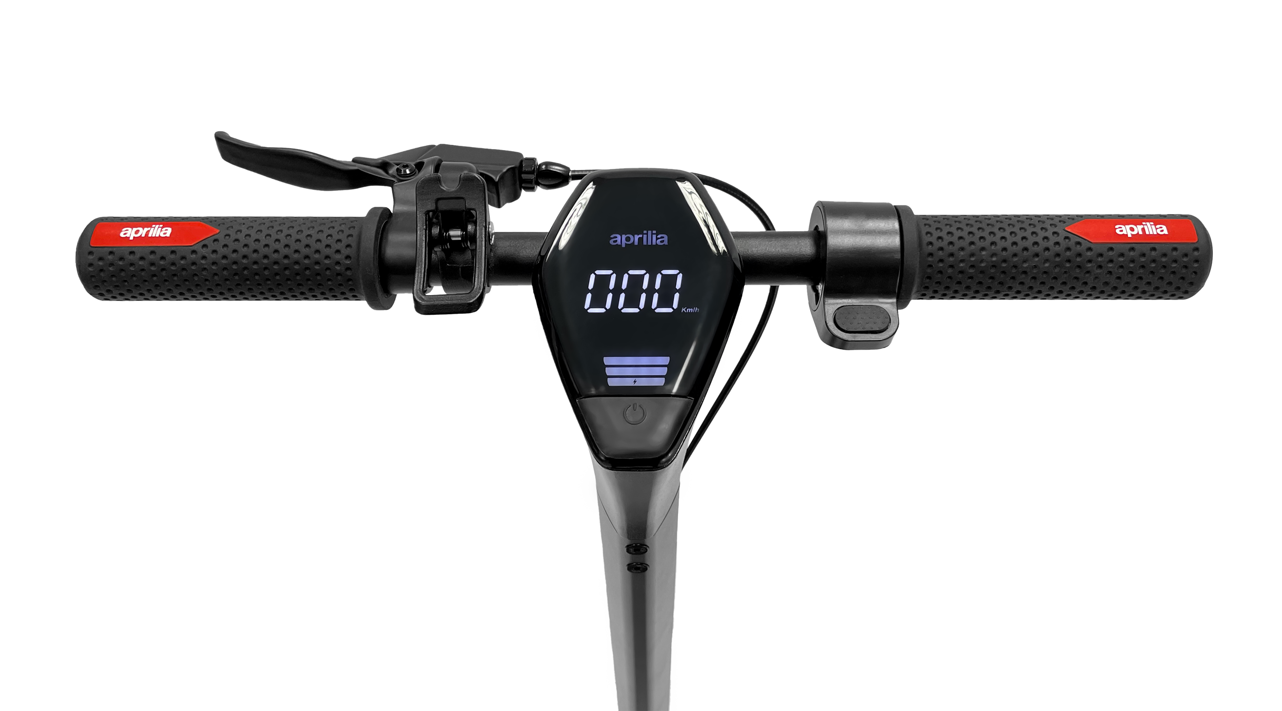 Lenker eines Elektrorollers mit Digitalanzeige und roten Details.