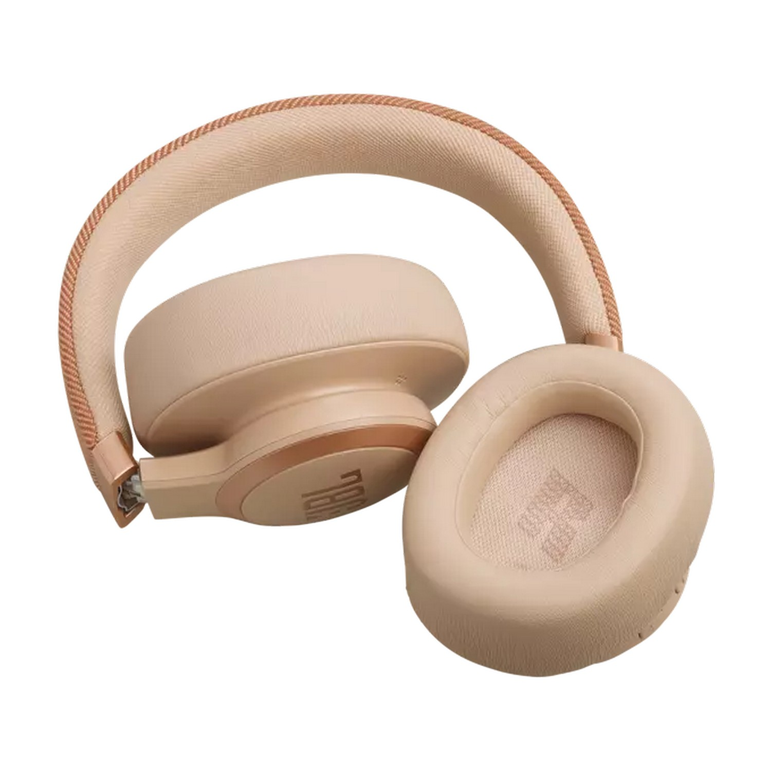Beige headphones with a tan headband and gold accents, on a white background.