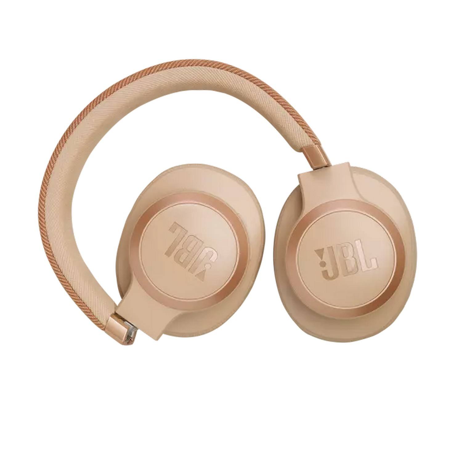 Overhead view of a pair of beige and rose gold headphones.
