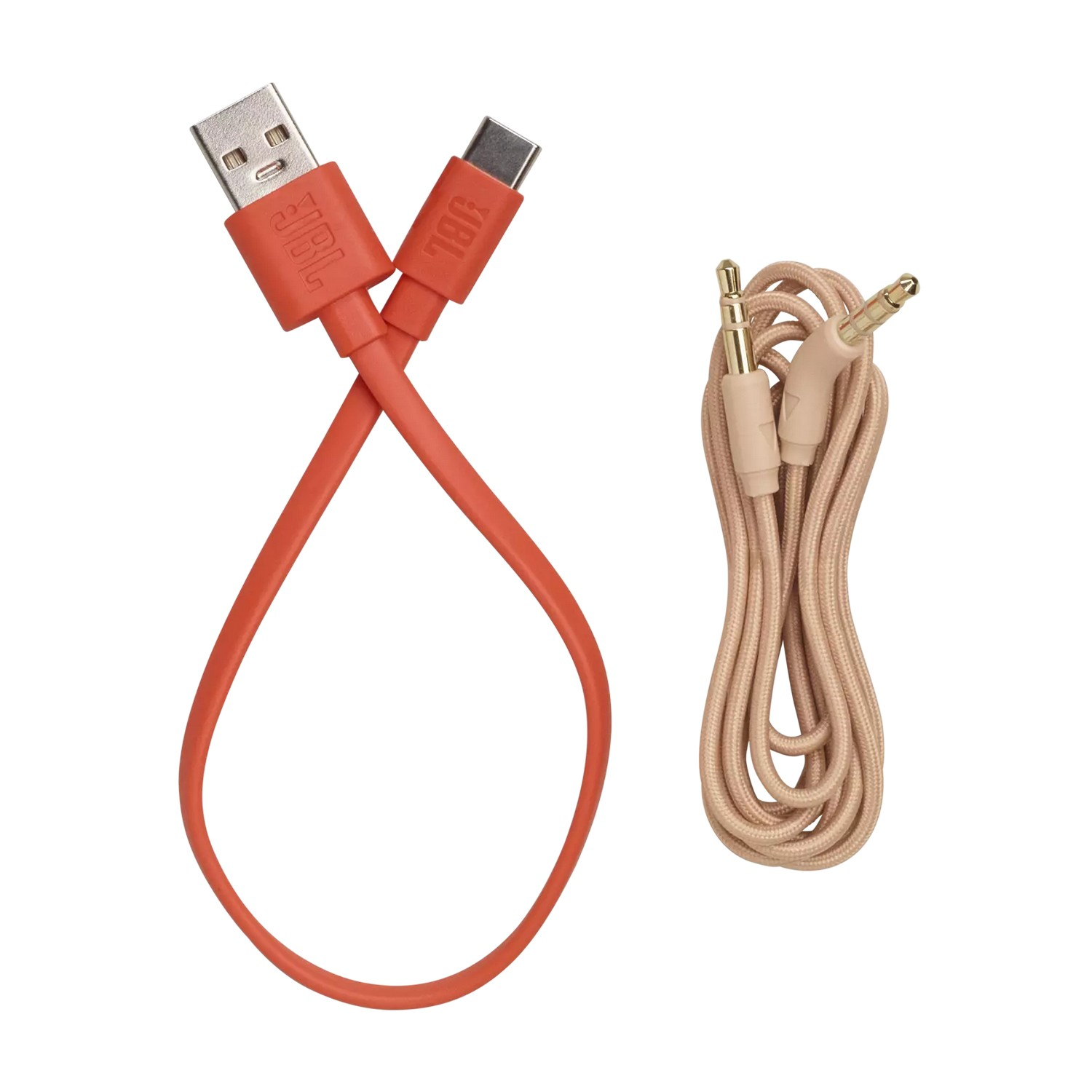 An orange USB to USB-C cable and a beige audio cable.