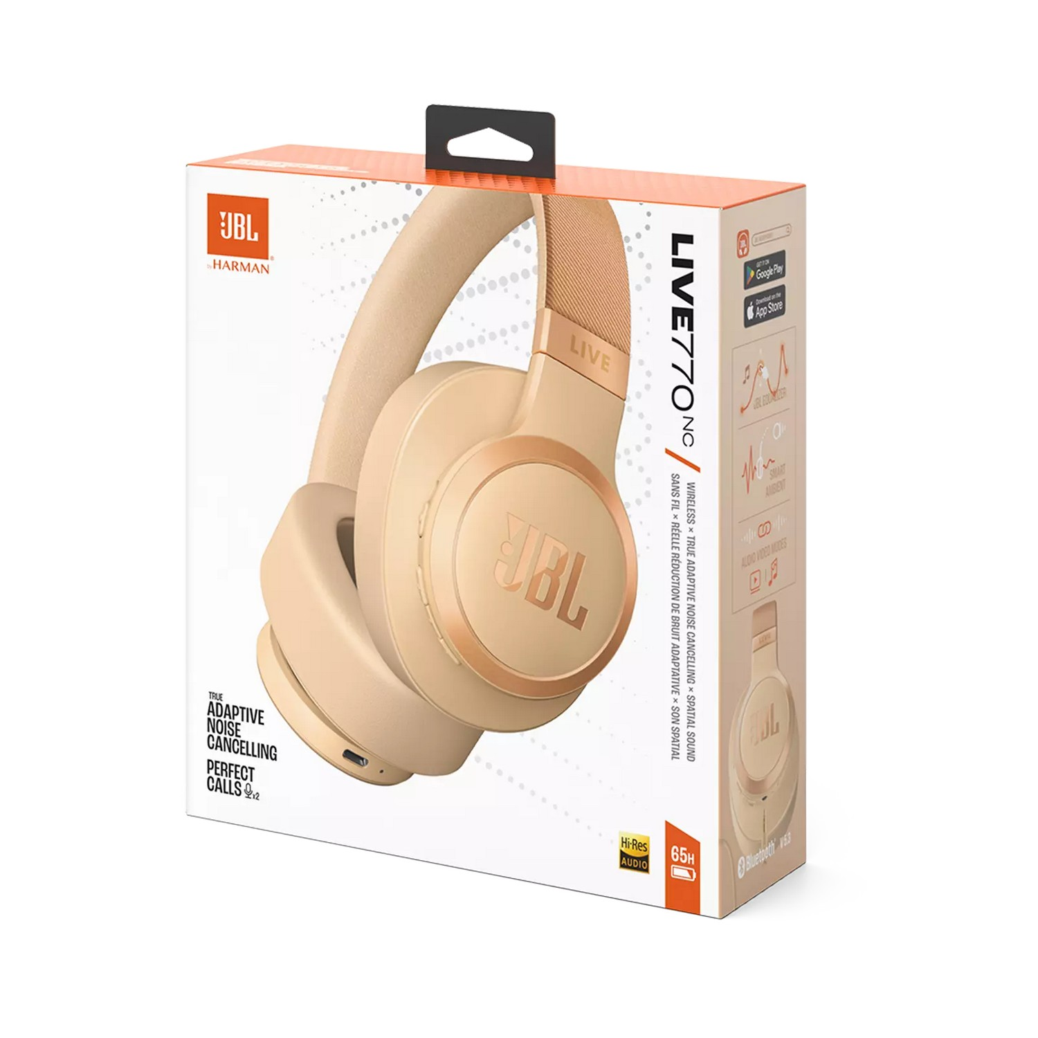 Beige JBL headphones in a box with text and images. The box is on a white background.