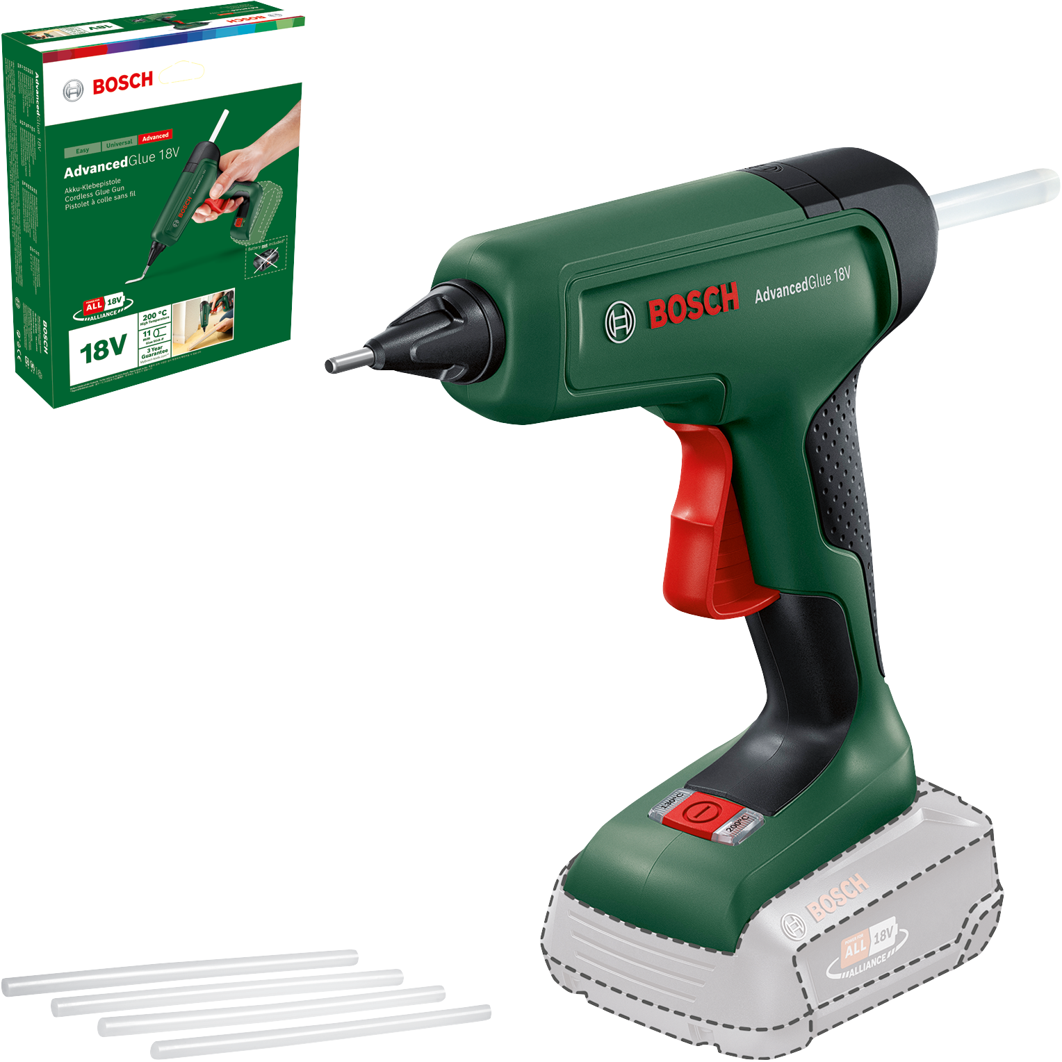 BOSCH Advanced Glue 18V Akkumulátoros ragasztópisztoly, 18V, akku és töltő nélkül (0603264800)
