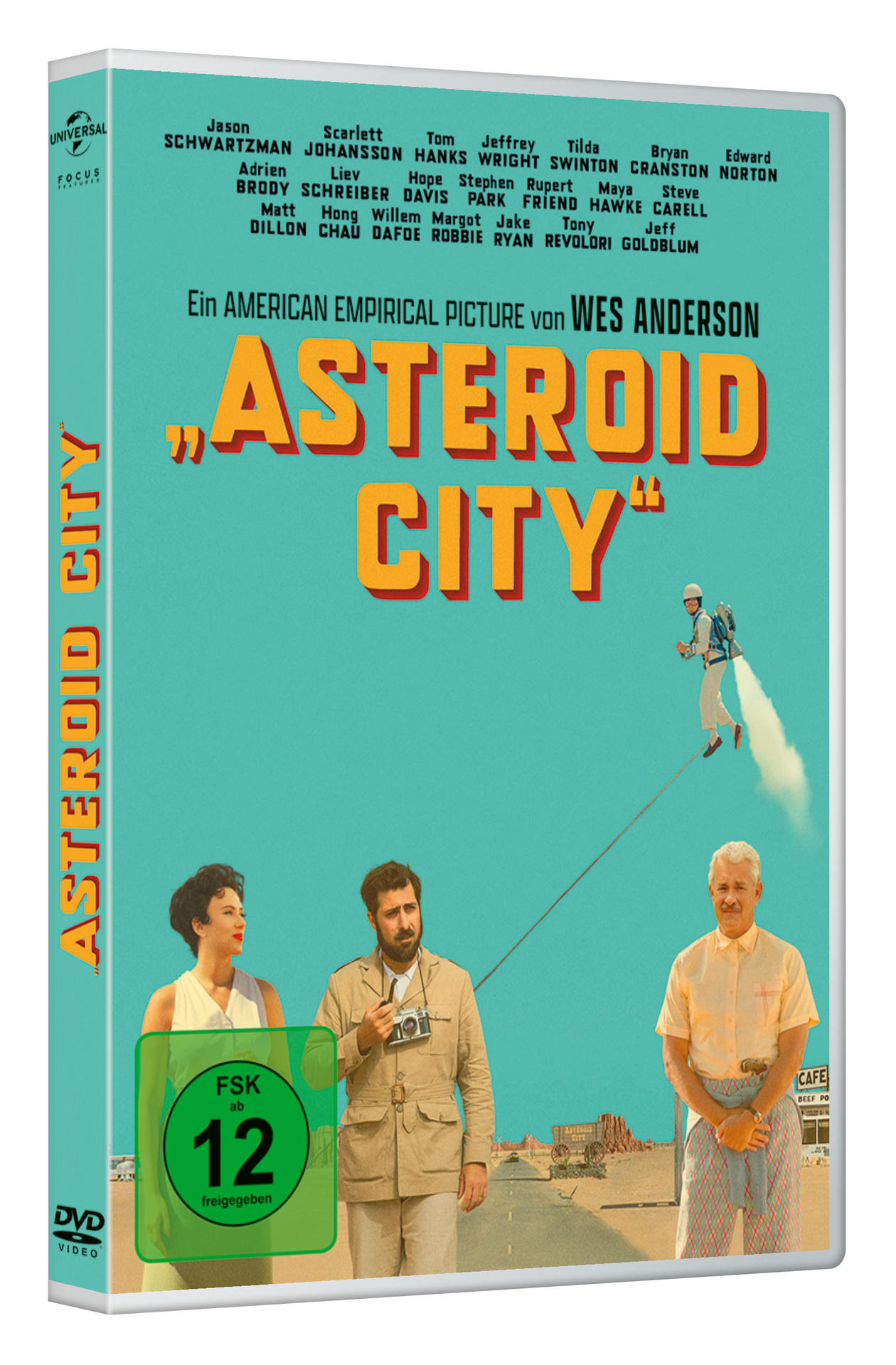 DVD-Hülle mit dem Filmtitel "Asteroid City" und einer surrealen Szene.