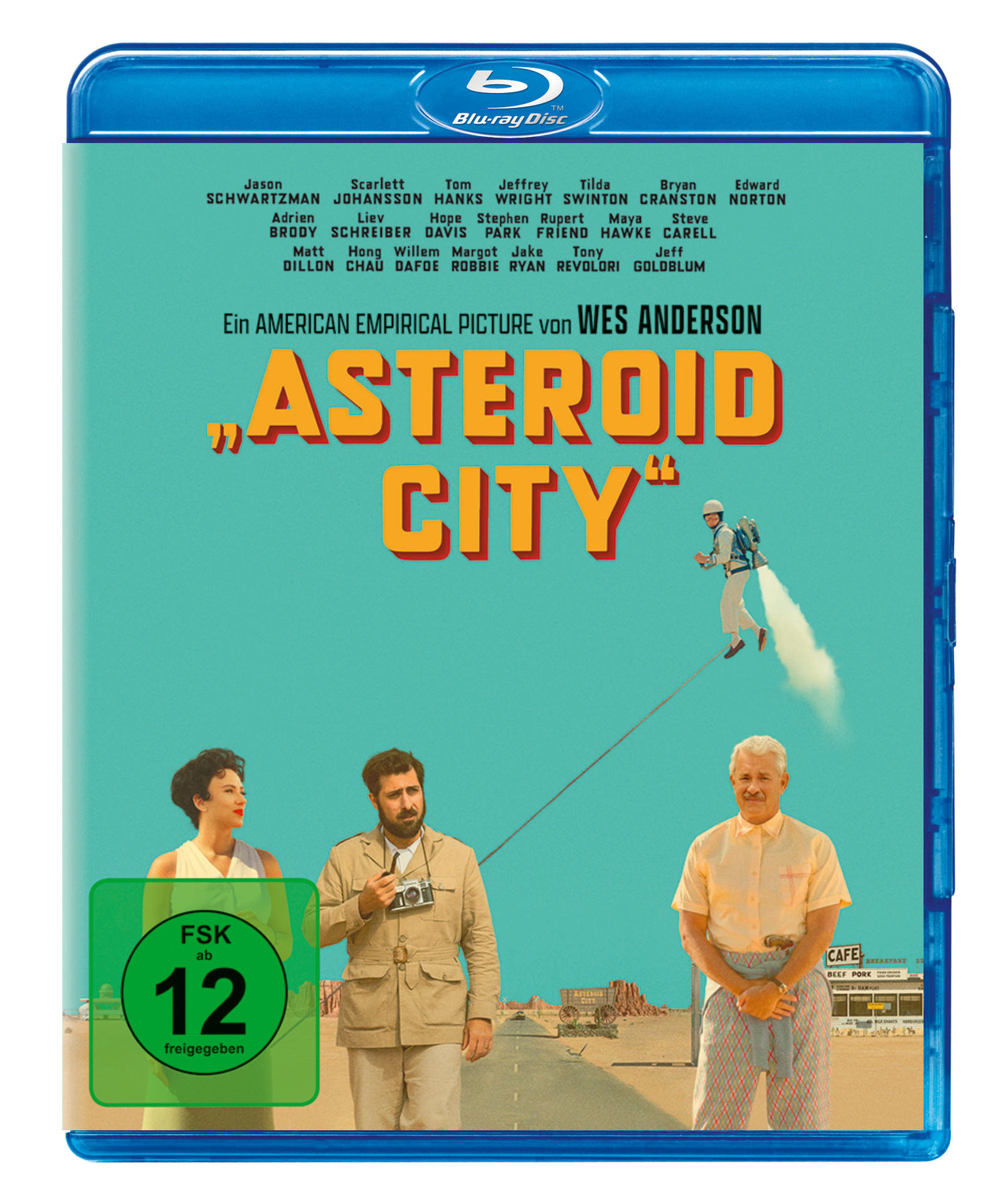 Filmcover: Ein Mann im Raumanzug auf blauem Hintergrund. Der Titel "ASTERIOD CITY" ist zu sehen.