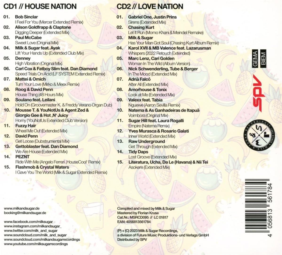 Zwei CDs, eine mit dem Titel 'House Nation', die andere 'Love Nation', mit Titellisten.