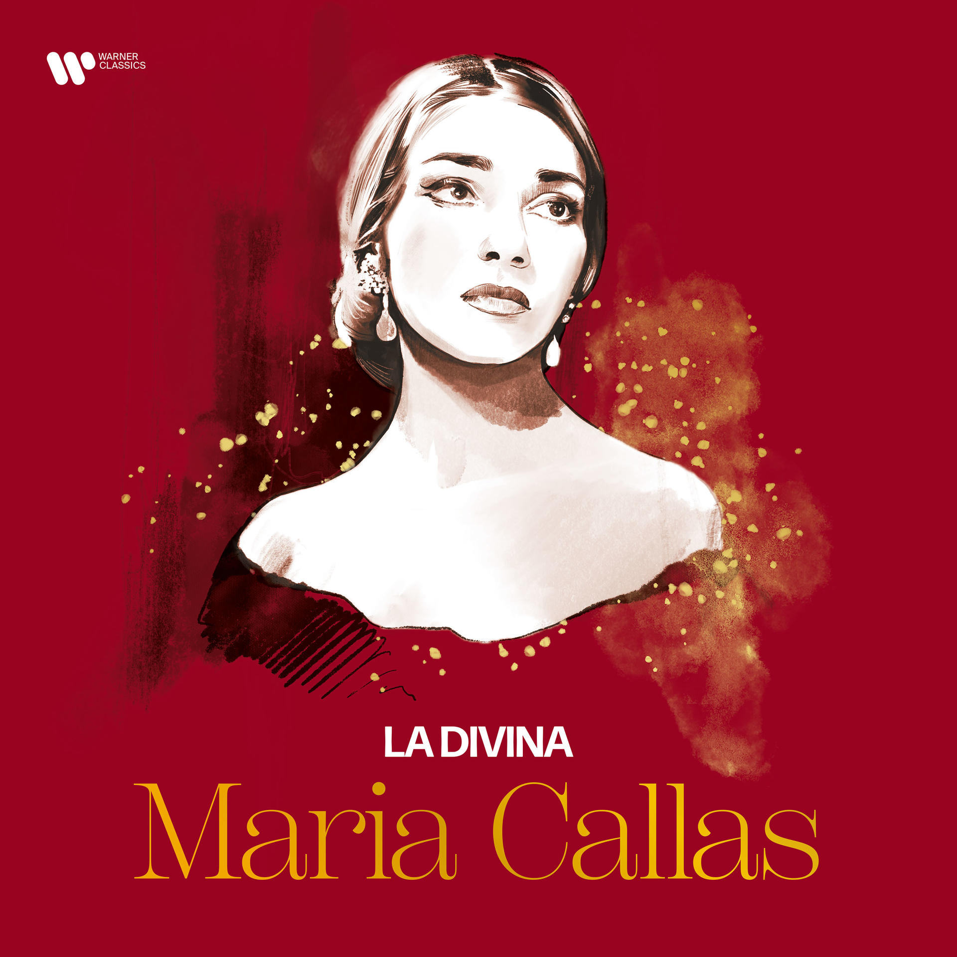 Albumcover mit Porträt von Maria Callas vor rotem Hintergrund mit goldenen Akzenten und Text.