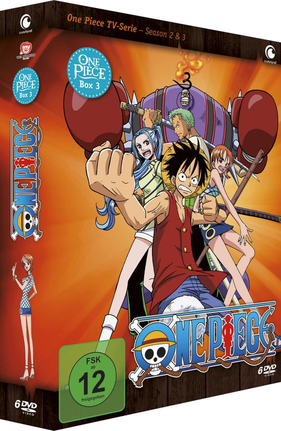 One Piece Box 3 DVD-Hülle mit Charakteren, leuchtend orangefarbener Hintergrund.