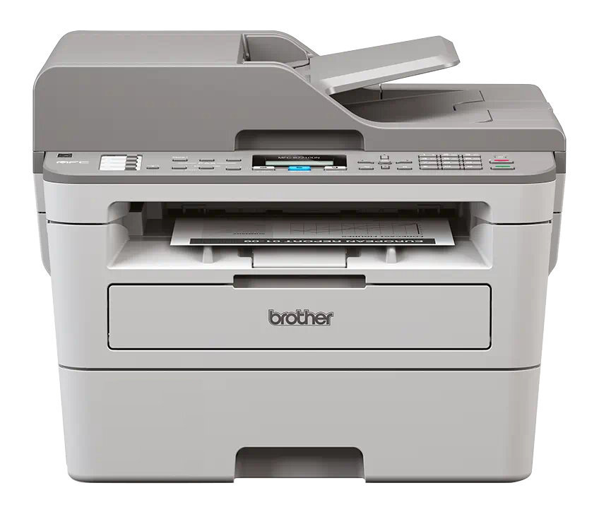 Szara drukarka Brother na białym tle, z otwartym podajnikiem papieru i górnym skanerem.