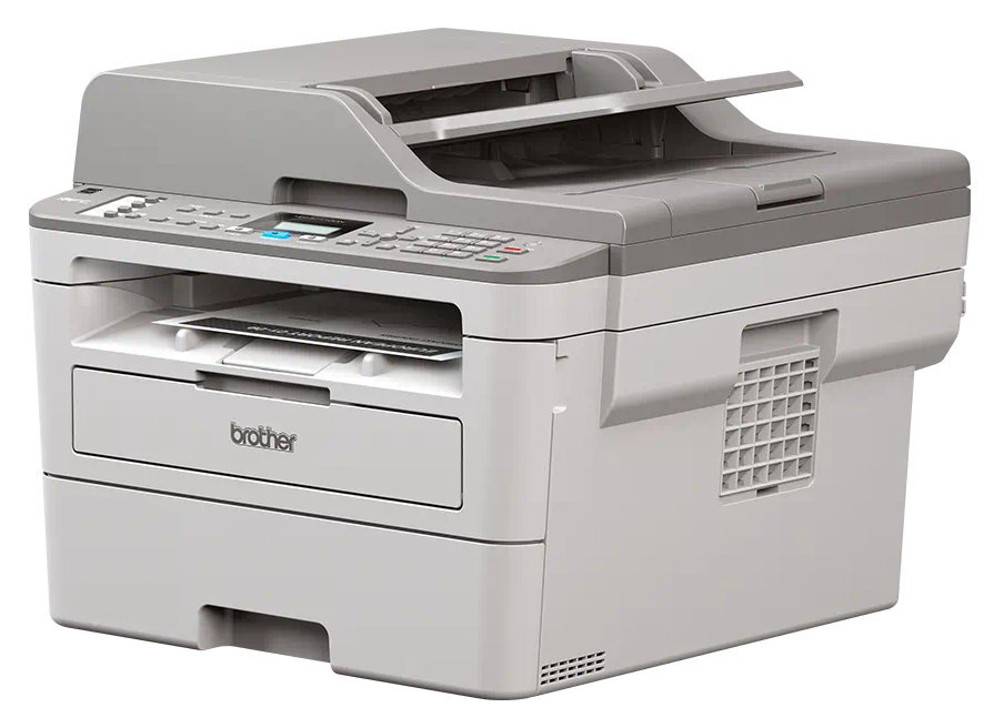 Drukarka wielofunkcyjna Brother, szaro-biała, z otwartą tacą na papier.