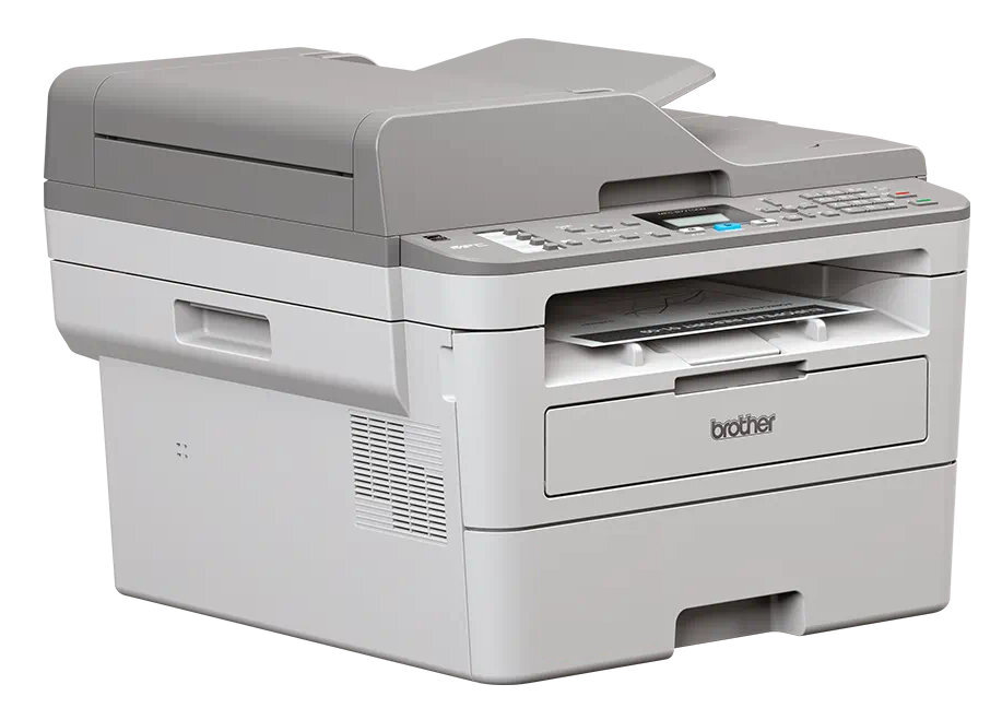 Drukarka Brother all-in-one, biało-szara, z wysuniętą tacą na papier i papierem w środku.