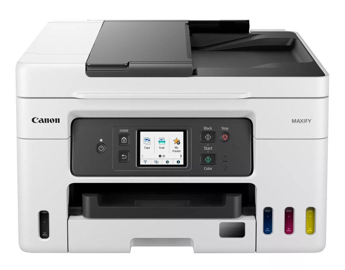 Biała drukarka Canon Maxify, z panelem sterowania i widocznymi wkładami atramentowymi.