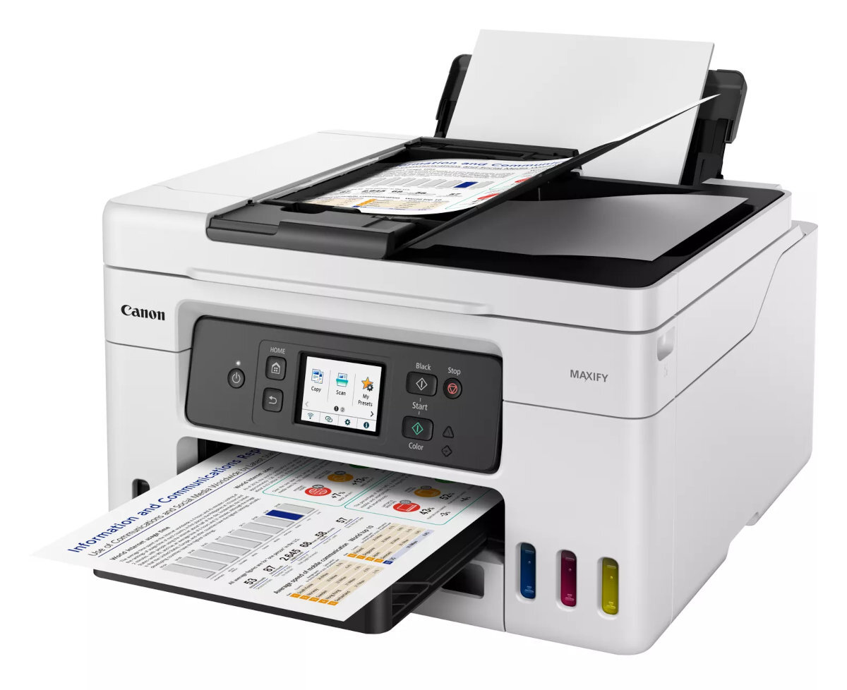Drukarka Canon MAXIFY, biała z ekranem dotykowym i podajnikami papieru, drukuje dokumenty.