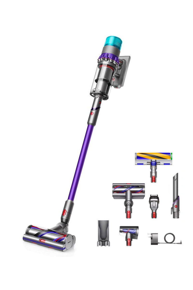 Odkurzacz Dyson z akcesoriami, fioletowo-srebrny na białym tle.
