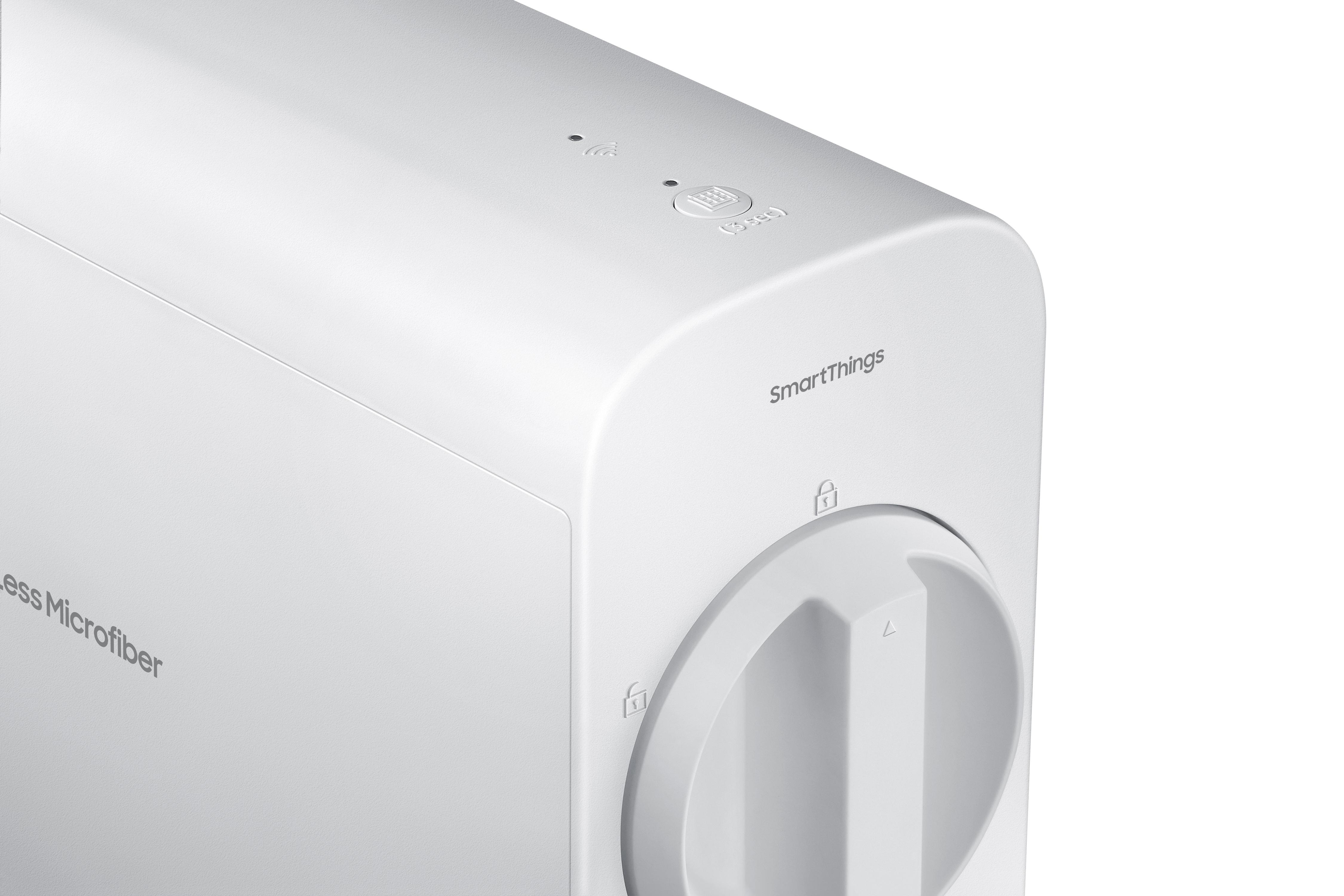 Weißes Gerät mit SmartThings-Logo und einem Drehregler. Schloss- und Entsperrsymbole vorhanden.