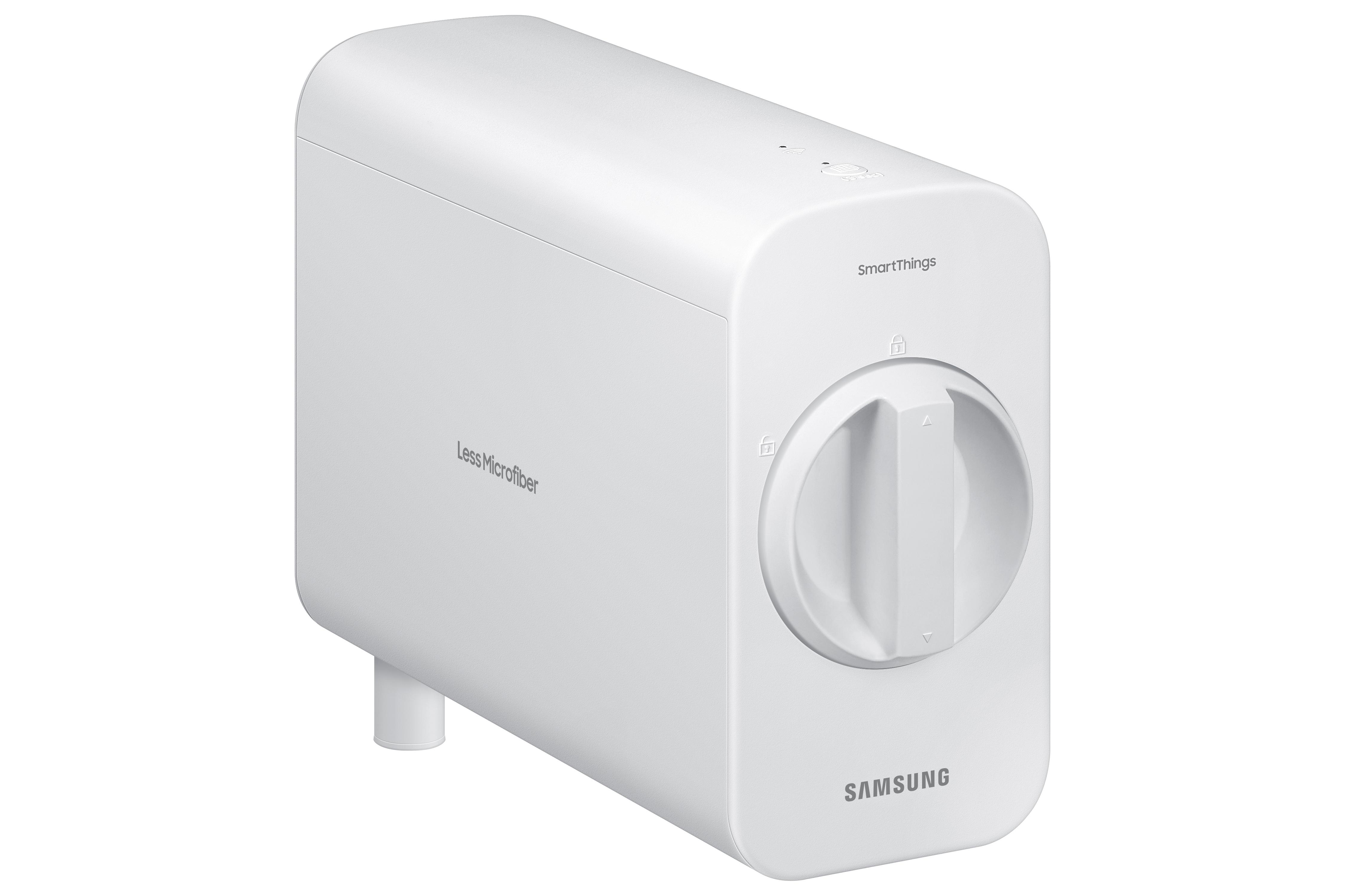 Ein weißer Samsung Wasserfilter mit den Aufschriften SmartThings und Less Microfiber.