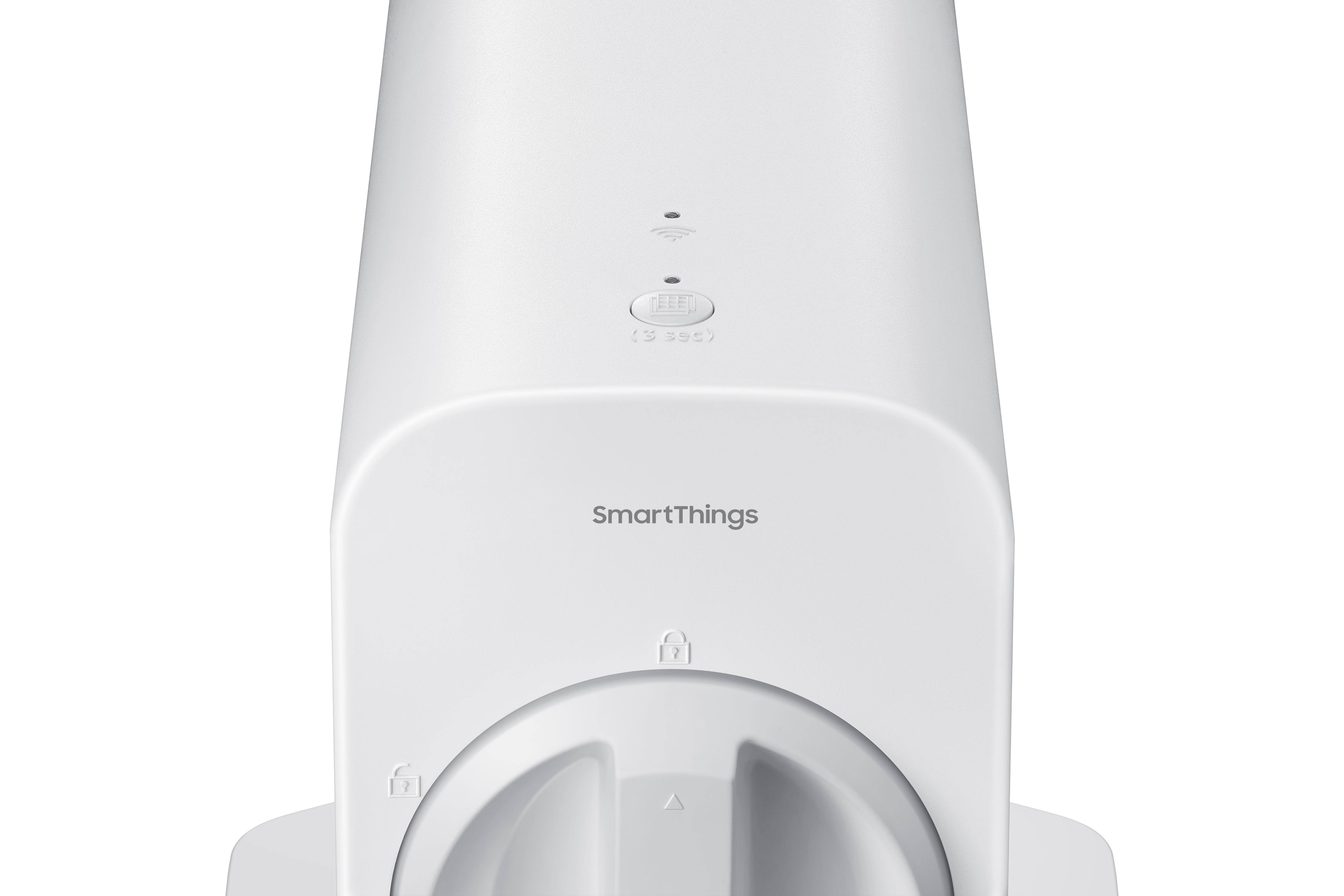 Weißer SmartThings-Hub. Er hat eine Taste, LEDs und ein Schlosssymbol.