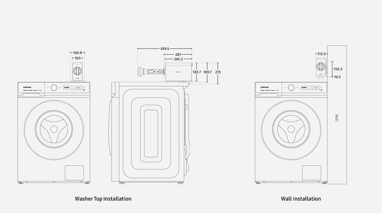 Diagramm, das die Abmessungen einer Waschmaschineninstallation zeigt, mit Beschriftungen für Waschmaschinen- und Wandinstallation.